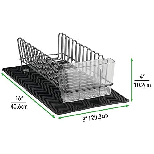 mDesign Steel Sink Dish Drying Rack/Dish Drainer Storage Organizer w/Wire Drainer, Drying Mat for Kitchen Counter, Easy Drain/Dry Dishes, Plate, Utensil, Concerto Collection, Set of 2 - Black/Dk Gray 6