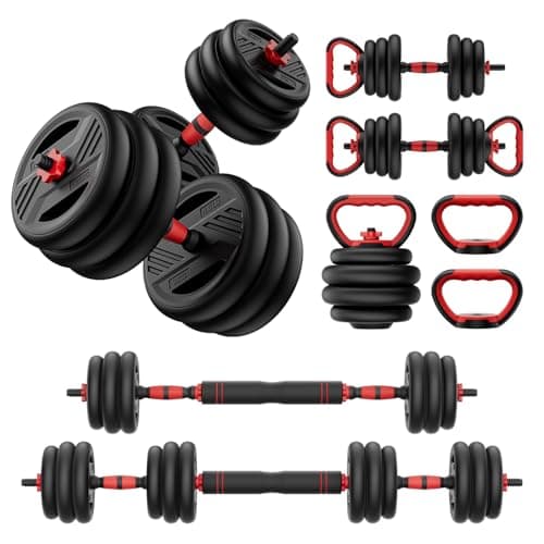 Cvonte Adjustable Dumbbell Set, 45lbs Free Weight Set With Double Locknut, 5-in-1 Dumbbells Set Includes Barbell, Kettlebells, Push up Stand, Fitness Exercise for Home Gym Suitable Men/Women