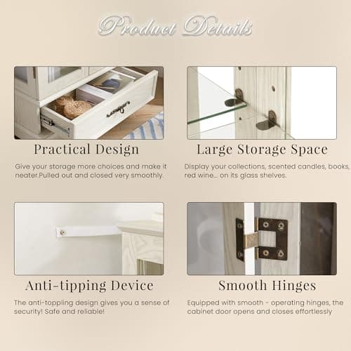 47" Lighted Glass Accent Curio Cabinet, 3-Tier Antique Storage Cage with Adjustable Shelves & Drawer, Acrylic Mirrored Pane, Light Blub Included, Small China Cabinet for Living Room (Antiqe White) 5