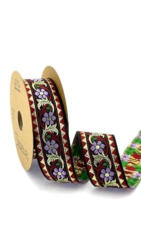 Jacquard Ribbon Green 11 Yards Bavarian Woven for Bag and Hat Decoration, 1.37 Inch Traditional Trim for Sewing Crafts, Garment Trim