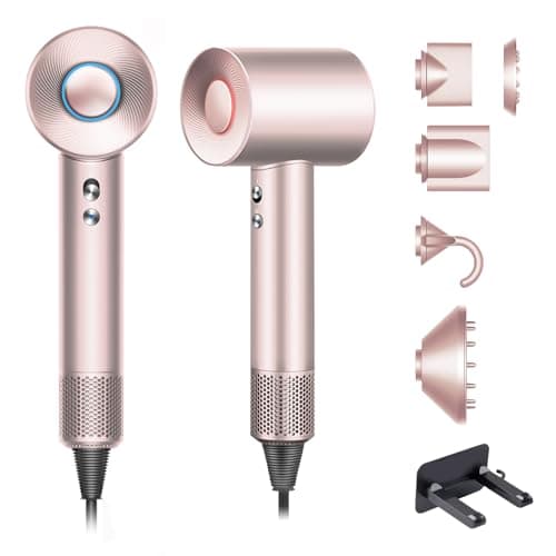 Brushless Powerful Hair Dryer, 1600W 110,000 RPM Fast Drying High Speed Blow Dryer with Negative Ion Technology, Portable Lightweight with Diffuser and Nozzle for Home Salon Travel, Pink