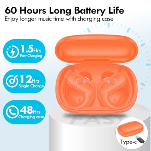 kurdene Wireless Earbuds Bluetooth Headphones Sport,Over Ear Buds with Deep Bass Sound,60Hrs Playtime Earphones Redesigned Comfort Fit with Earhooks for Running,Meeting,Workout-Orange 8