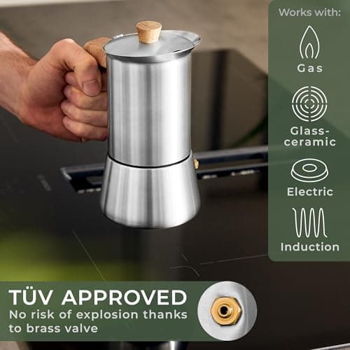 WALDWERK Stainless Steel Moka Pot (10oz) - Toxic Free Moka Pot with Oak Wood Handle - Stovetop Espresso Maker - Italian Coffee Maker for Stovetop and Induction 2