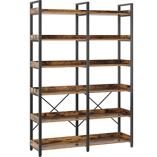 Seventable Bookshelf 6 Tier with 4 Hooks, 67” Industrial Wooden Bookcase, Vintage Storage Rack with Open Shelves, Rustic Standing Bookshelves Metal Frame 43.3” Wide Display Rack, Rustic Brown
