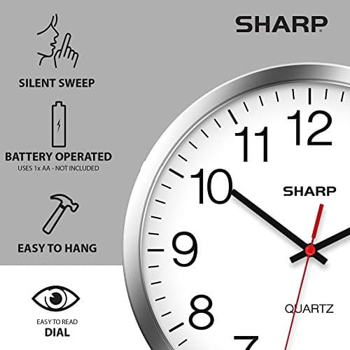 Sharp Wall Clock – Silver/Chrome, Silent Non Ticking 10 Inch Quality Quartz Battery Operated Round Easy to Read Home/Kitchen/Office/Classroom/School Clocks, Sweep Movement 5