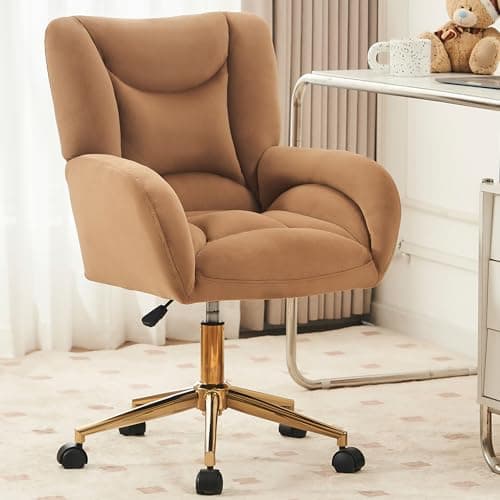 Ochangqi Soft Velvet Desk Chair Comfy with Gold Metal Legs&Wheels, 360 Swivel Comfy Office Chair with Height-Adjustable, Cute Brown Office Chair for Women (Brown)