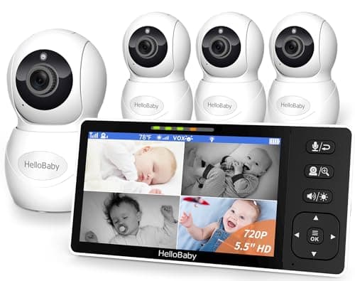 HelloBaby 5.5" 720P HD Video Baby Monitor No WiFi, 4 Cameras Baby Monitors, Split Screen Remote Pan/Tilt/Zoom Baby Monitor, Wide View Range, 1080P Camera, Night Light, 4000mAh Battery, Ideal Gift
