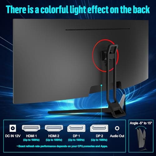 Gawfolk 34 Inch Ultrawide Curved Gaming Monitor, 1500R PC Screen 165hz UWQHD 4K, Curved Computer Screen with FreeSync, Support Wallmount 75x75mm-Black 6