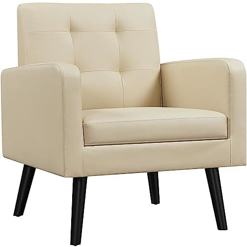 Yaheetech Mid-Century Accent Chairs, PU Leather Modern Upholstered Living Room Chair, Cozy Armchair Button Tufted Back and Wood Legs for Bedroom/Office/Cafe Beige
