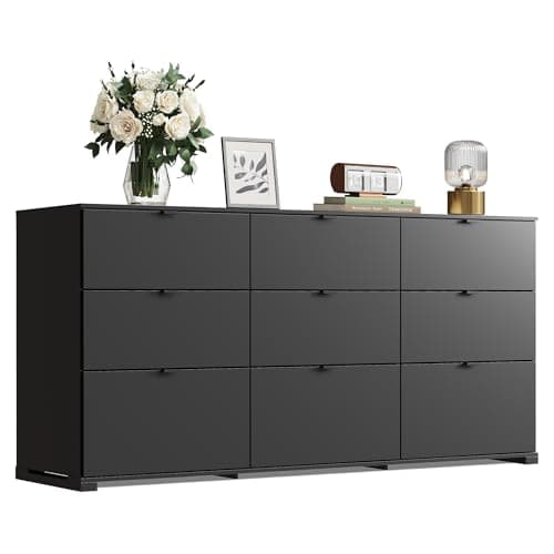 WLIVE 9 Drawer Dresser for Bedroom, 63" Wide Black Drawers Large Wooden Chest of Drawers Organize with Sturdy Metal Handle, Modern Dresser for TV Stand, Living Room Office, Hallway, Ball Bearing Slide