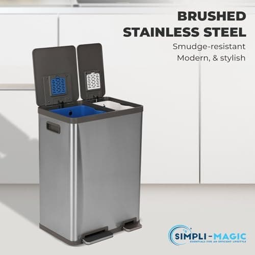 Simpli-Magic 16 Gallon (38L x 22L) Dual Compartment Step Trash Can – Kitchen Garbage Can with Waste & Recycling Bins – Slow-Close Lid, Odor Control, Hands-Free, Easy to Clean, Brushed Stainless Steel 3