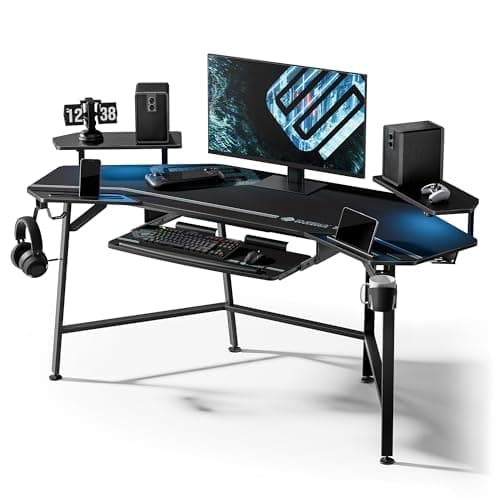 EUREKA ERGONOMIC Aero 72 Inch Gaming Desk with Keyboard Tray, Large Computer Desk Led Lights, Wing-Shaped Monitor Stand Dual Headphone Hanger Cup Holder for Studio,Streamer,Live,Black