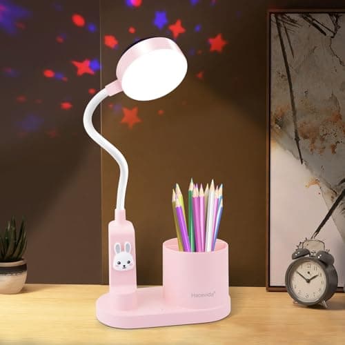 Hacevida Cute Pink Rabbit Lamp for Kids Reading Study - Star Projector/Pen Holder/3 Brightness/Eye Caring, Rechargeable Led Table Desk Lamp for Home Office Dorm Decor, Ideal Birthday Christmas Gifts
