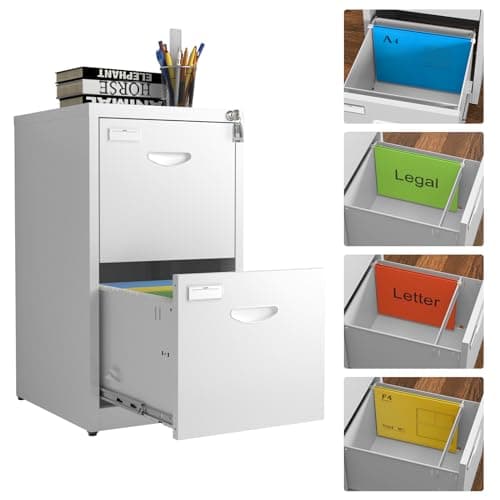 2 Drawer Vertical White Metal File Cabinet with Lock for Home Office - Modern Locking Steel File Storage Cabinet for A4/Legal/Letter Size - Assembly Required