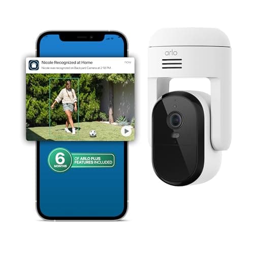 Arlo Essential Pan Tilt Security Camera 2K + 6 Months of Secure Plus Plan - Wired Plug-in Power Outdoor Camera, Person Recognition, Package Detection, Animated Preview, Auto Motion Tracking, 1 Cam