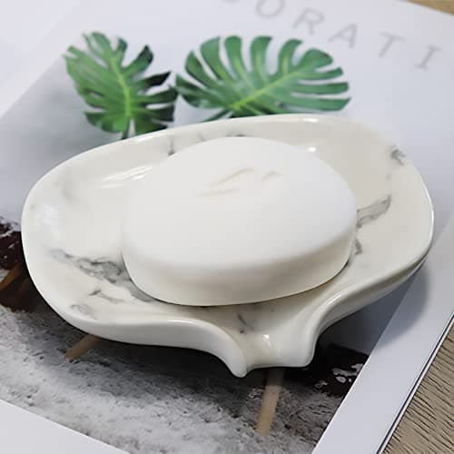 Polyroyal White Marble Texture Soap Dish Ceramic Soap Holder Self Draining Soap Dish Waterfall Slot Sponge Holder Bathroom Accessories for Bathroom, Kitchen,Bar Counter. 5