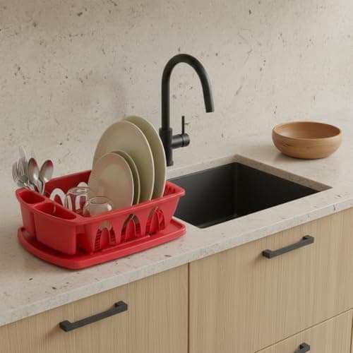 Tribello Sink Dish Drying Rack, Heavy Duty Hard Plastic Sink Set with Drainer (Red) 5