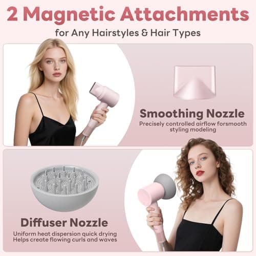 Hair Dryer, High-Speed Ionic Low Noise Blow Dryer with Brushless Motor for Fast Drying, Thermo-Control Quiet Compact Pink Hair Blow Dryers with Magnetic Diffuser for Curly Hair for Home Travel Salon 5