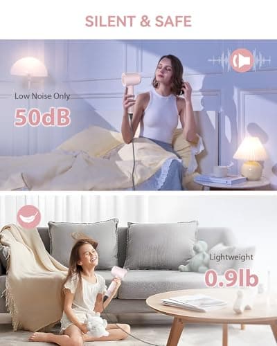 Hair Dryer for Women High Speed 1500W, warmmama Ionic Blow Dryer for Curly Hair Quiet Brushless Motor Fast Drying Thermo-Control, Travel Hair Dryers with Diffuser and Nozzle, Pink 7