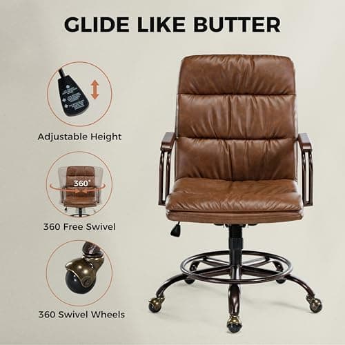 EUREKA ERGONOMIC Mid-Century Vintage Office Chair, Faux Leather Executive Desk Chair with Unique Ball Casters and Fixed Footrest Ring, Brown Retro Swivel Chair for Home Office and Study, Brown 6