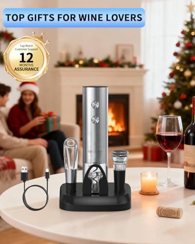 CIRCLE JOY Electric Wine Opener Stainless Steel Rechargeable Automatic Wine Bottle Opener Set 7-in-1 Wine Gifts for Wine Lovers with Charging Base, Foil Cutter, Wine Aerator Pourer & 2 Vacuum Stoppers 7