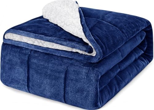 CYMULA Flannel Weighted Blanket Adult: 60×80inch Sherpa Fleece Heavy Blanket - Breathable Soft Blanket 15lbs Queen Size - Snuggly Bed Blankets with Glass Beads- Navy