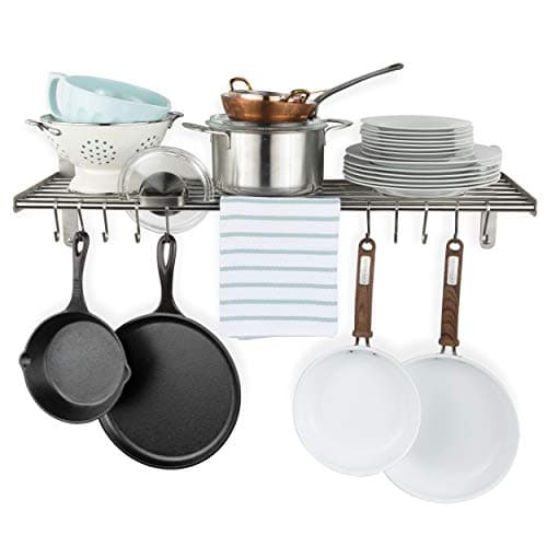 Wallniture Lyon Kitchen Organization and Storage Rack, Stainless Steel Metal Wall Shelf with 10 S Hooks for Hanging Pots and Pans, Chrome 7