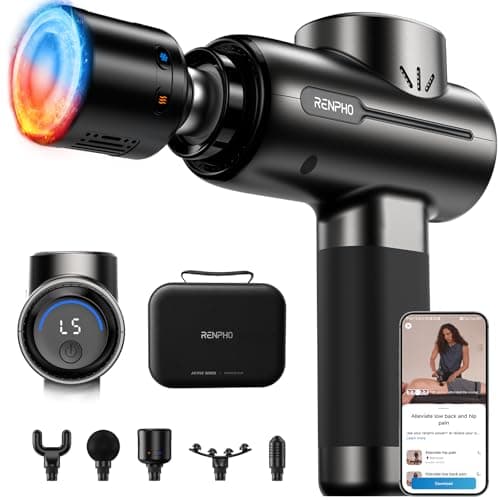 RENPHO Active+ Thermacool Massage Gun with Heat and Cold, Deep Tissue Percussion Massager for Back and Neck, Portable Handheld Massager with 5 Speeds, 5 Attachments, Carry Case, Black