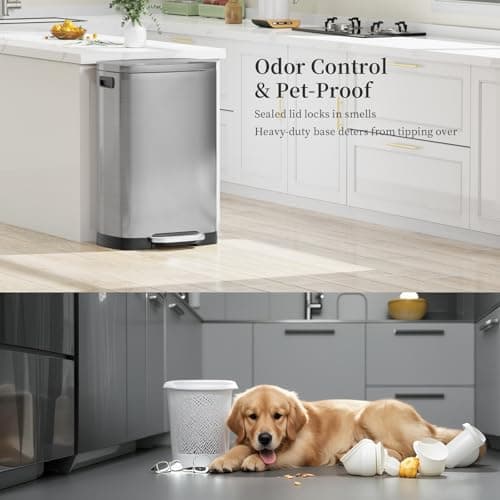 KdbK 13 Gallon Trash Can with Lid, 50L Fingerprint Proof Stainless Steel Kitchen Trash Can with Removable Inner Bucket and Lid Soft Close, Pedal Rubbish Bin for Home Office（Silver） 6