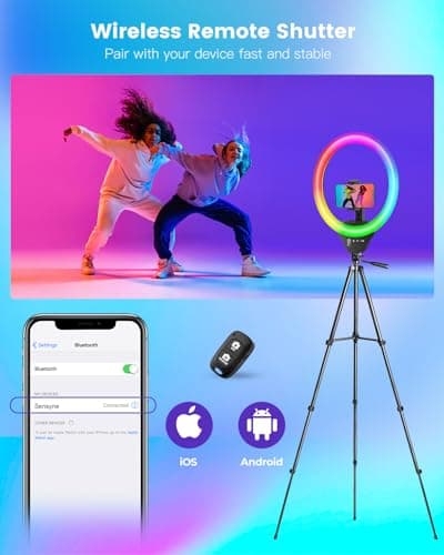 Sensyne 10'' RGB Ring Light with 50'' Extendable Tripod Stand, Circle Lights with Phone Holder for Live Stream/Makeup/YouTube Video/TikTok, Compatible with All Phones 5