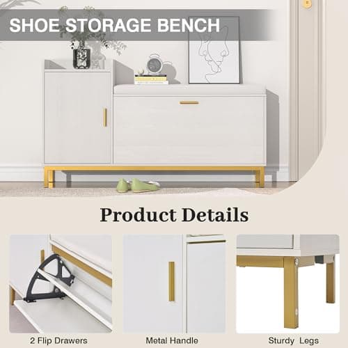 VECELO Shoe Storage Bench with Flip Drawers for Entryway, 2-Tier Shoe Rack Organizer with Removable Seat Cushion for Bedroom, Hallway, Living Room, Slim, White 5