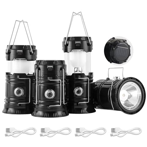 Lichamp Collapsible Portable Solar Camping Lantern, USB Rechargeable LED Flashlight - Survival Kits for Power Outages Hurricane Supplies Emergency, Indoor & Outdoor, 4-Pack