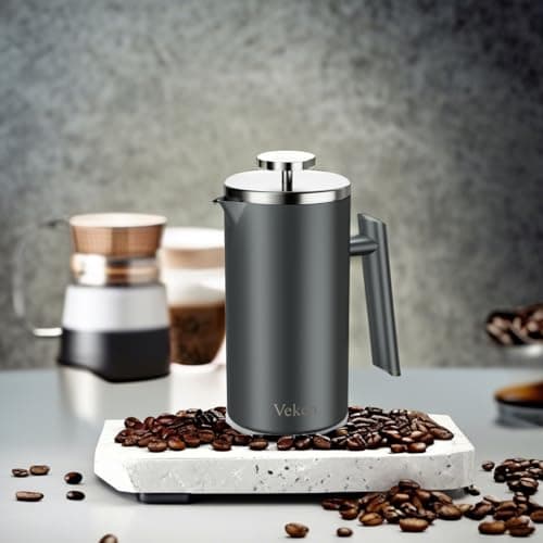 Veken French Press Plunger Coffee Tea Maker 34 Ounce 1 Liter, Double Wall Vacuum Insulated Stainless Steel Coffee Press with 4 Filter Screens for Camping Travel Gifts, Dishwasher Safe, Grey 5