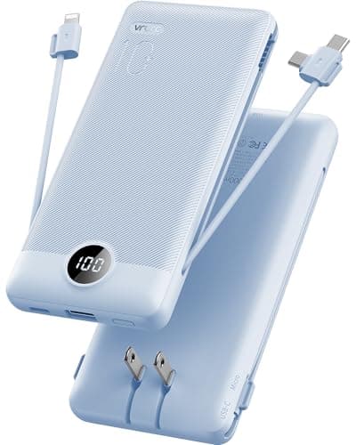 VRURC Portable Charger Built-in Cables and AC Wall Plug, USB C Power Bank 10000mAh, Travel Essentials Phone Charger Compact Lightweight External Battery Pack for Smart Phones, Tablets etc-Blue