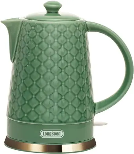 LONGSEED Ceramic Electric Kettle, 1.5L/1200W Boil Water Quickly and Easily with Boil-Dry Protection Auto Shut Off, Detachable Swivel Base, Green Relief Carving