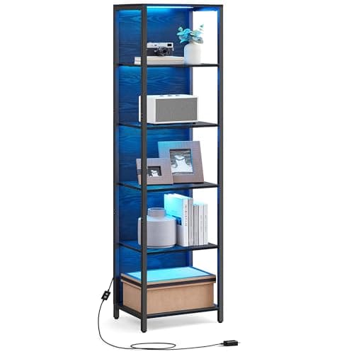 VASAGLE 6-Tier LED Bookshelf, Display Shelf with Dimmable Lights, LED Bookcase with Steel Frame, 11.9 x 15.7 x 70.3 Inches, for Living Room, Bedroom, Office, Black with Wood Grain ULLS121B56