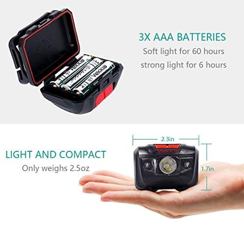 Vekkia Ultra Bright LED Headlamp-5 Lighting Modes,White & Red LEDs Head Lamp, Camping Accessories Gear. IPX6 Waterproof Headlight for Running,Cycling,Fishing,Hiking,Repairing. Batteries Included 6