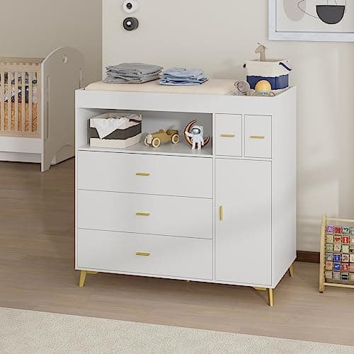 PAKASEPT Changing Table with Drawers, Changing Table Dresser with 5 Drawer & Cabinet 6