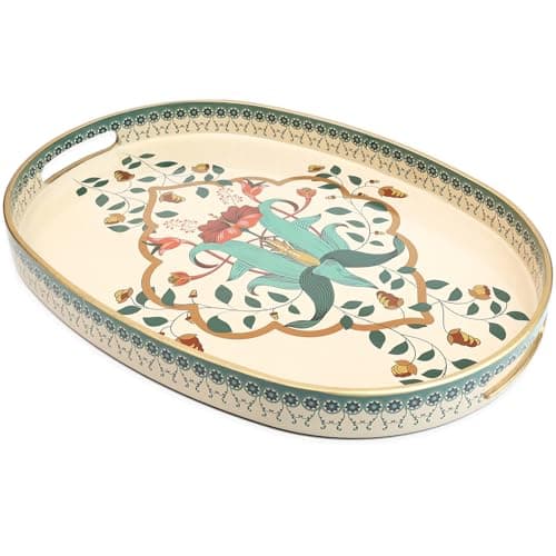Omuriko Oval Plastic Serving Tray with Handles, Elegant Decorative Tray for Coffee Table, Ottoman, Living Room, Kitchen, Outdoor Use. 10"*16"*1.4" A