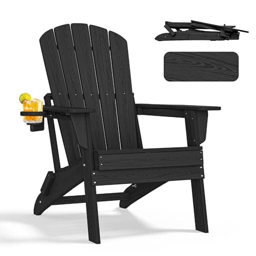 nevilywood Folding Adirondack Chair, Ergonomic Extended Backrest, HDPE All-Weather, 380lbs Capacity, Maintenance-Free, Cup Holder, （Black）- Outdoor Patio & Firepit Chair