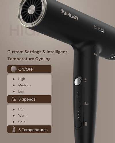 ANNLARY Plasma Ion Hair Dryer with Diffuser for Curly Hair, 110000 RPM Professional High Speed Blow Dryer with Plasma Ion, 1500W Foldable Travel Hairdryer with 6.5 Ft Cord Fast Drying for Women Men 7