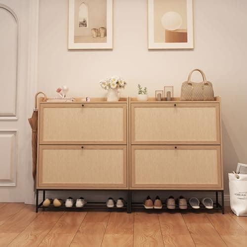 AVZEAR Narrow Shoe Storage Cabinet for Entryway with 2 Flip Drawers, Freestanding Shoe Cabinet with Natural Linen Panel, Slim Wood Shoe Organizer Closed Shoe Rack for Hallway, Foyer, Natural 8