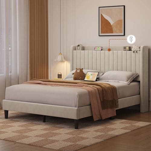 Yaheetech Queen Bed Frame with USB Charging Station and Storage Shelf/Upholstered Headboard Platform Bed with Wing Side/Wooden Slats Support/Noise Free/No Box Spring Needed/Easy Assembly, Beige 9
