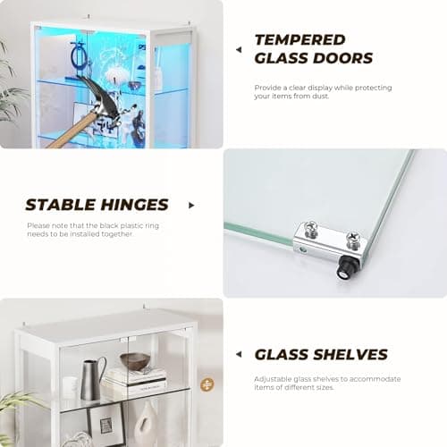 BROTTAR 6-Tier 71" Display Cabinet with Glass Door, Curio Cabinet with 3 Color Lights for Collectibles, Display Case with Adjustable Glass Shelves, Human Body Sensor, Storage Cabinets, White 6