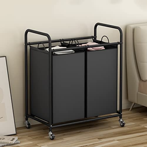 SUOERNUO Laundry Hamper Basket 2 Bag Laundry Sorter Cart with Rolling Lockable Wheels and Removable Bags Laundry Organizer Cart for Clothes Storage, Black 2