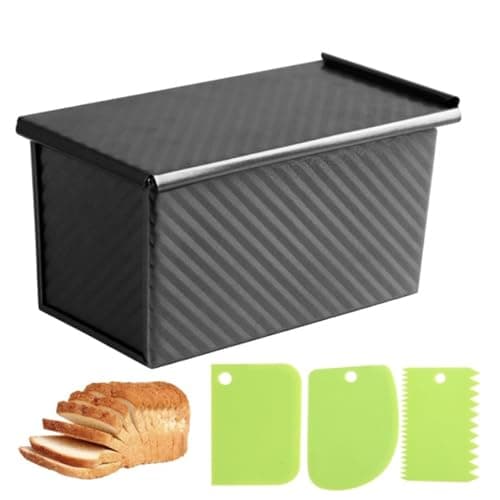 Spmarkt 1lb Bread Pan with Dough Scraper Cutter, 8.4 X4.8inch Black Bread Loaf Pan, Rectangular Covered Metal Pullman Loaf Pan with Lid for Homemade Sandwich Bread