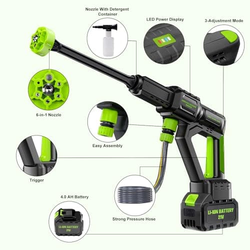 DREAMBETTER Cordless Pressure Washer, 6-in-1 Nozzle Portable Handheld Power Washer Brushless 1200 PSI, 4.0 Ah Battery Operated 3 Speeds Ajustable Electric High Pressure Cleaner for Car/Floor 5