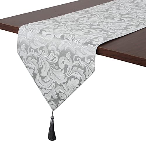EHouseHome Jacquard Damask Reversible Silver Grey Table Runners with Tassels 13 x 72 inch Wrinkle and Water Resistant Spill-Proof Decorative Dining and Wedding Runners