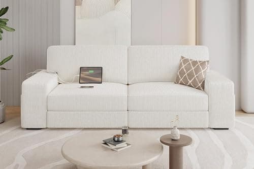 Yaheetech 83.5" W Modern Sofa Couch Corduroy Fabric Sofa with Detachable Cover, USB Charging Ports & Side Storage Pockets for Living Room Apartment, Ivory
