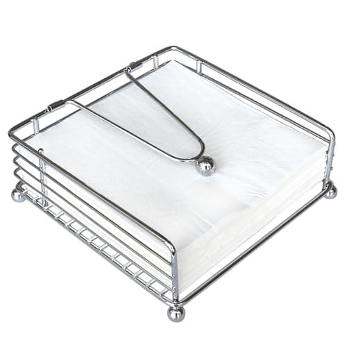 hiwafifi Napkin Holder for Table, Flat Napkin Dispenser with Weighted Arm, Square Cocktail Paper Holder of Elegant Rustic Iron for Kitchen Dining Room Decor Restaurant Farmhouse Hotel Party, Silver